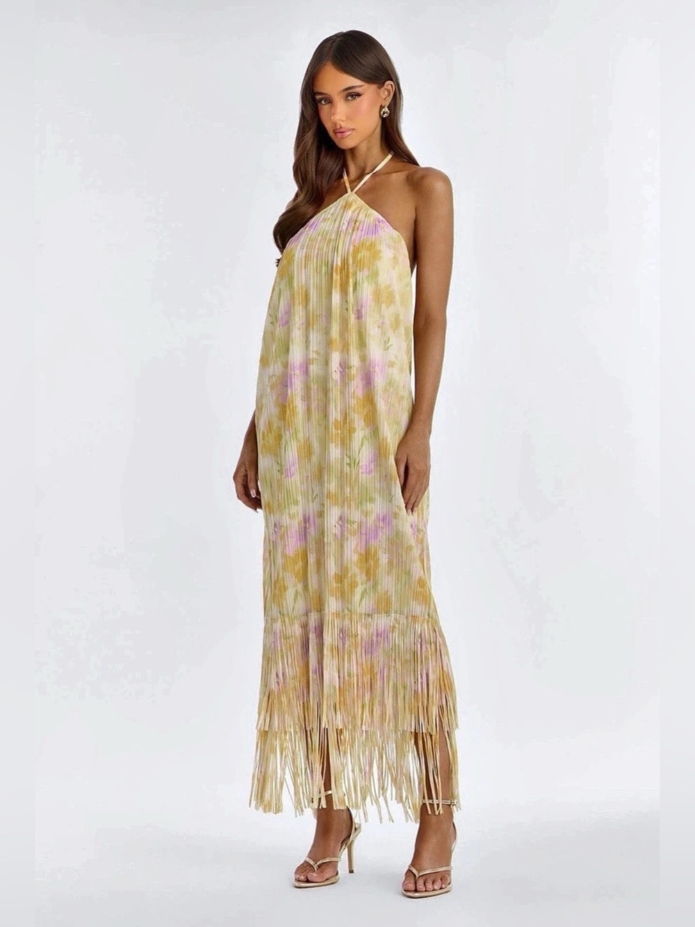 Yellow Plisse Fringe Halter Maxi Dress Tie Neck Y Neck Stretch XL